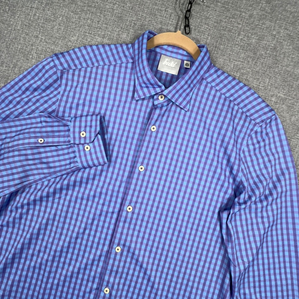 Buki Collection Avant Check Long Sleeve Tech Shirt Men L Blue Hidden Button Down